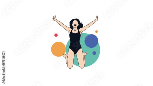 Joyful woman in a black swimsuit jumping high in the air against a background of colorful abstract circles.