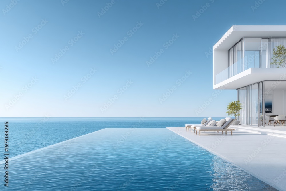 Fototapeta premium Luxurious modern villa with infinity pool overlooking the serene blue ocean on a clear sunny day