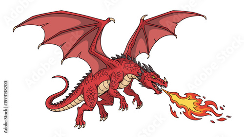 Powerful red dragon flying and breathing a stream of fire against a white background in a fantasy illustration.