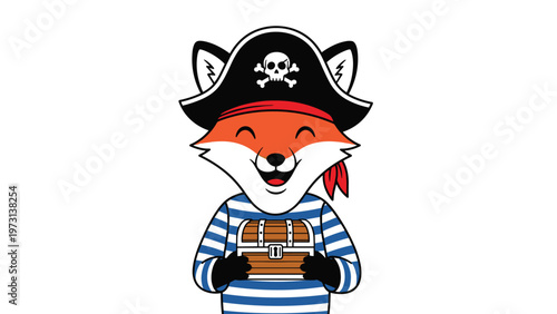 Cheerful cartoon fox character dressed in a pirate outfit with a bicorne hat and holding a small wooden treasure chest filled with gold coins.