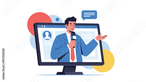 Male television news anchor or professional reporter delivering a news update from inside a computer monitor screen with speech bubble graphics.