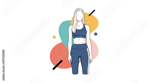 Fashion illustration of a fit woman wearing dark blue athletic wear standing against a creative background of abstract colorful geometric shapes.
