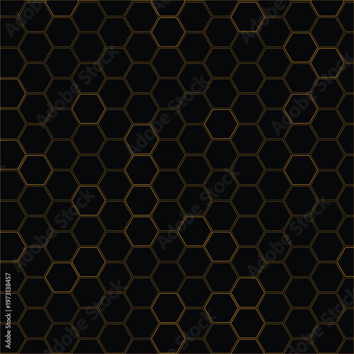 Luxury gold honeycomb pattern on black background, elegant geometric hexagon grid vector, premium metallic honeycomb texture for corporate branding