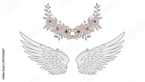 Elegant pair of white feathered angel wings positioned symmetrically below a delicate pink floral wreath featuring a central sparkling gemstone.