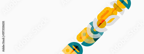 Abstract geometric shapes overlap, creating colorful design. Minimalist style, white background dominates composition.