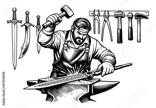 Hand drawn line art blacksmith set featuring a craftsman forging a sword, various medieval weapons, and workshop tools for historical and craft themes