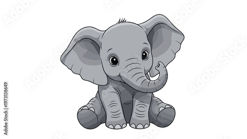 Cute cartoon grey baby elephant sitting and looking forward with large ears and a small trunk isolated on a plain white background.