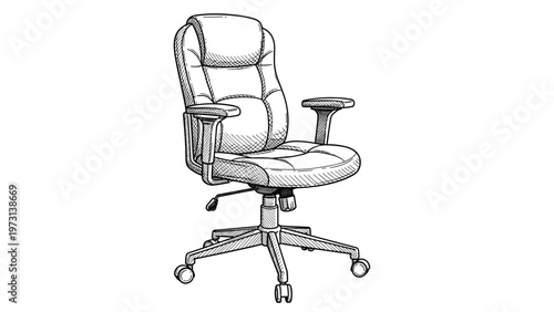 Detailed black and white sketch of a modern ergonomic executive office chair with high backrest and wheels isolated on a white background.