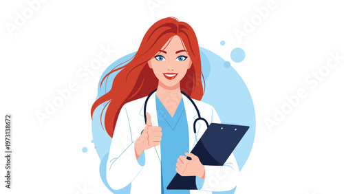 Cheerful female doctor with long red hair wearing a white lab coat and blue scrubs giving a confident thumbs up while holding a black clipboard.