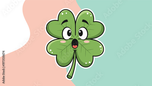Whimsical cartoon four leaf clover character with a wide eyed surprised facial expression on a soft pink and green colored abstract background.