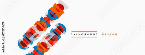 Abstract colorful shapes overlap white space. Text reads background design in orange. Minimalist composition, modern aesthetic.