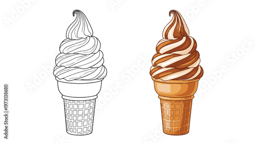 Comparison of two soft serve ice cream cones featuring a detailed line art version and a colored version with chocolate and vanilla swirls.