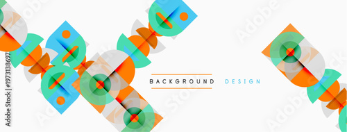 Abstract geometric shapes overlap, creating dynamic visual pattern. Bright colors contrast against white background. Modern design element.