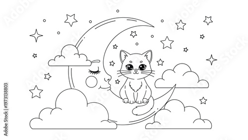 Adorable kitten sitting on a crescent moon surrounded by stars and clouds in a peaceful night sky coloring book page.