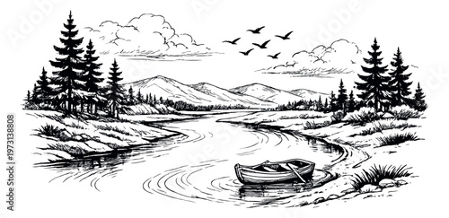 Hand drawn line art illustration of a tranquil river landscape depicting a rowboat on the water for nature concepts