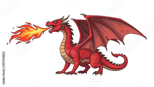 Mighty red dragon breathing fire with large spread wings and sharp claws in a classic fantasy creature illustration.