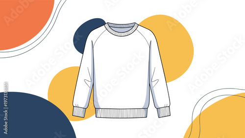Blank white long sleeve sweatshirt template isolated on an abstract background with colorful circles for apparel design.
