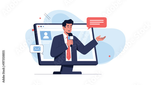 Professional news reporter or business presenter speaking through a microphone on a large desktop computer monitor screen.