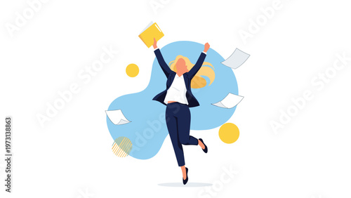 Successful businesswoman jumping in the air and throwing papers in celebration of a major achievement or career milestone.
