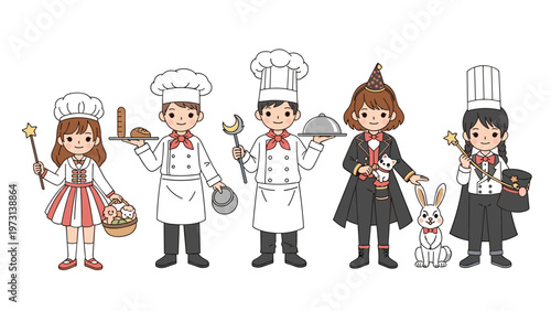 Diverse group of cute cartoon characters dressed up as chefs, magicians, and performers for a fun creative roleplay activity.