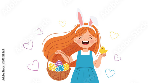 Happy young girl wearing bunny ears holding a basket full of colorful Easter eggs and a small yellow baby chick.