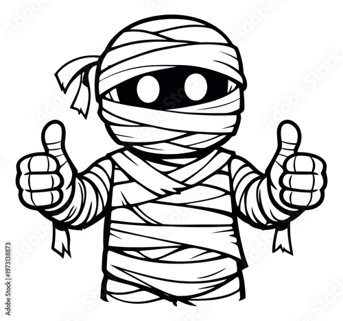 Line art cartoon illustration of a mummy depicting a thumbs up gesture for halloween celebration