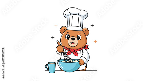 Cute teddy bear dressed as a chef wearing a white hat and red neckerchief while whisking batter in a blue bowl.