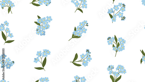 Seamless pattern featuring delicate blue forget-me-not flowers and green leaves scattered over a clean white background.