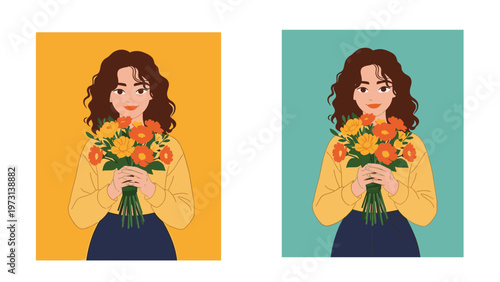 Beautiful young woman with curly hair smiling while holding a large bouquet of orange and yellow flowers in two versions.