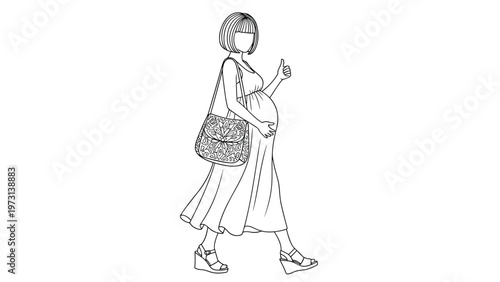 Pregnant woman walking confidently while carrying a floral handbag and showing a thumbs up sign in a black and white outline.