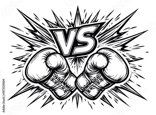 Line art illustration of boxing gloves and a versus symbol depicting an intense showdown for competition