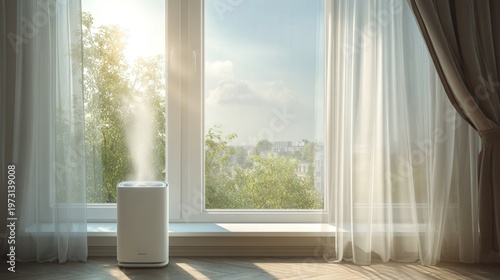 Sunlit floor by window with purifier, sheer curtains billowing in gentle breeze golden light floods interior, casting soft patterns on hardwood distant green treetop view suggests suburban calm scene