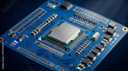 Circuit board with microprocessor and electronic components shown prominently. High detail in blue color. Concept of technology, electronics, engineering