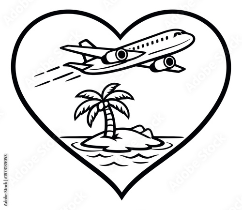 Line art illustration of an airplane flying over a tropical island inside a heart depicting love for travel for romantic vacations