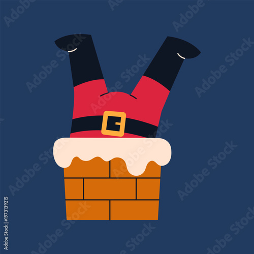 Cute Santa Claus character got stuck up the chimney. Christmas illustration for greeting cards or posters. Flat cartoon style.