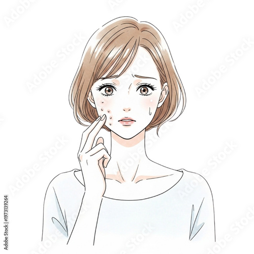 A woman with acne on her face is touching her skin with concern.