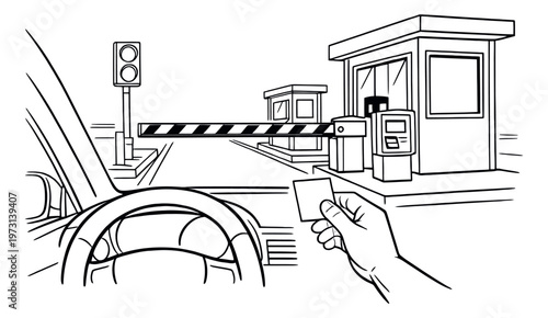 Line art illustration of a driver at a toll booth depicting paying with a card for road travel