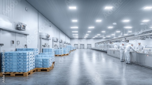 Clean, Modern Cold Storage Warehouse Interior with Palletized Boxes and Workers in Uniforms