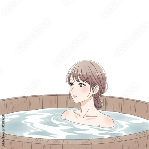 Woman relaxing in a wooden hot tub filled with water