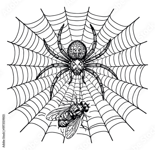 Hand drawn line art illustration of a spider and fly on a spiderweb depicting a fly caught in the web for Halloween designs