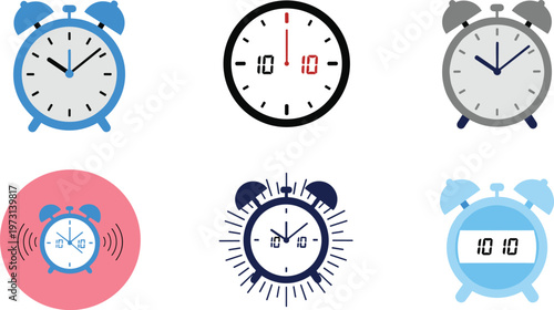 Alarm Clock Icon Set Featuring Analog and Digital Timepieces with Ringing, Timer, and Wake Up Concepts for Time Management and Daily Routine Design