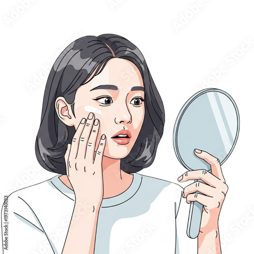 Woman applies cream checking reflection in handheld mirror closely