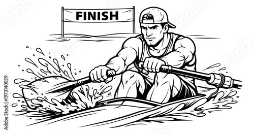 Line art illustration of a man paddling a kayak depicting a race towards the finish line for water sports competition