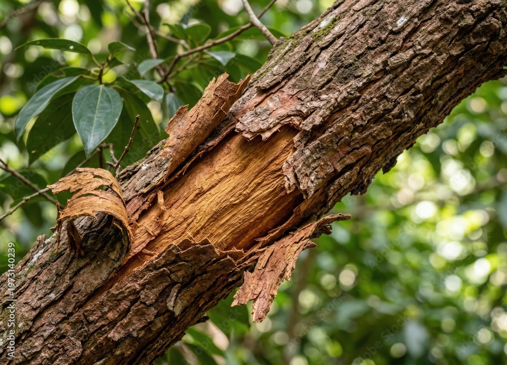 Fototapeta premium Generated AI: Close-up of Natural Cinnamon Bark Peeling from Tree Trunk in Tropical Forest