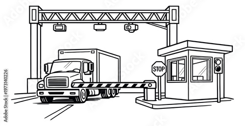 Hand drawn line art illustration of a semi-truck depicting a vehicle stopped at a toll booth for logistics and transportation
