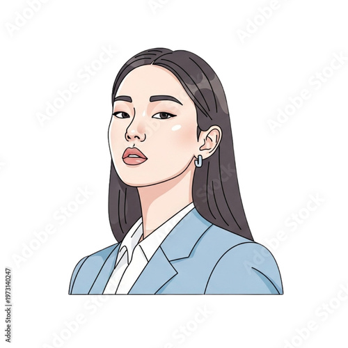 A woman wearing a blue blazer looks ahead with a serious expression on her face.