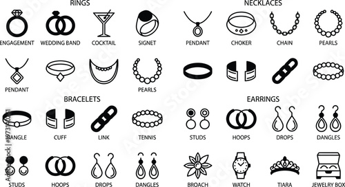 Jewelry and fashion accessories icons set featuring elegant rings, necklaces, bracelets, earrings, and other stylish adornments.