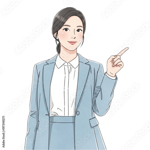 A smiling businesswoman in a blue suit pointing to the right side