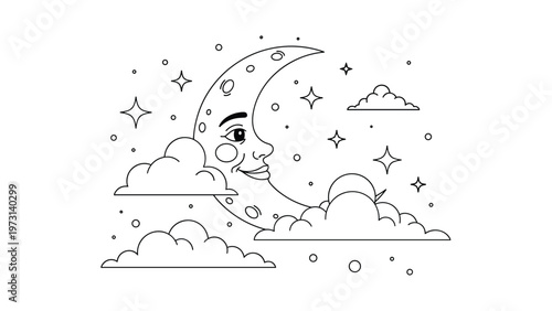 Coloring page featuring a smiling man in the moon crescent surrounded by many stars and fluffy clouds in a magical night sky.