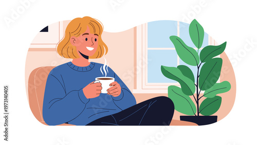 Relaxing illustration of a young blonde woman sitting comfortably in an armchair drinking a hot cup of coffee or tea at home.